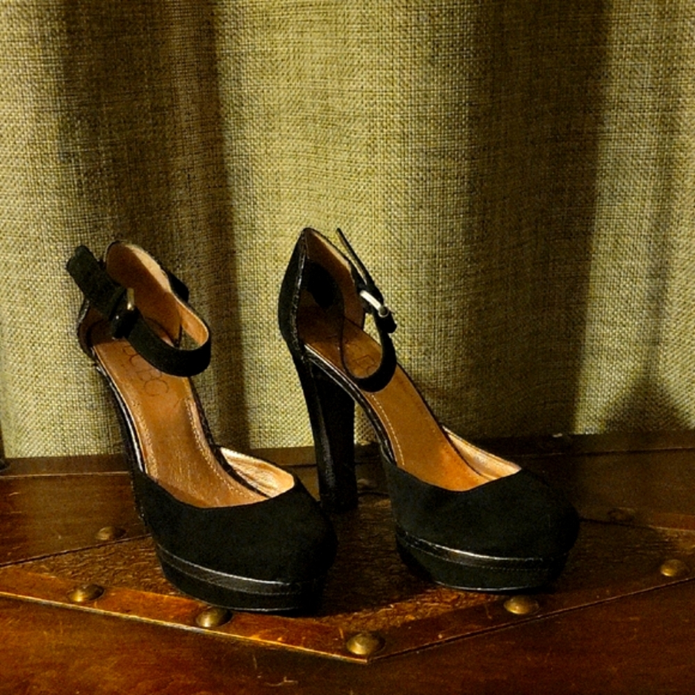 BCBG Paris Black Genuine Suede Platform Heels with Ankle Strap